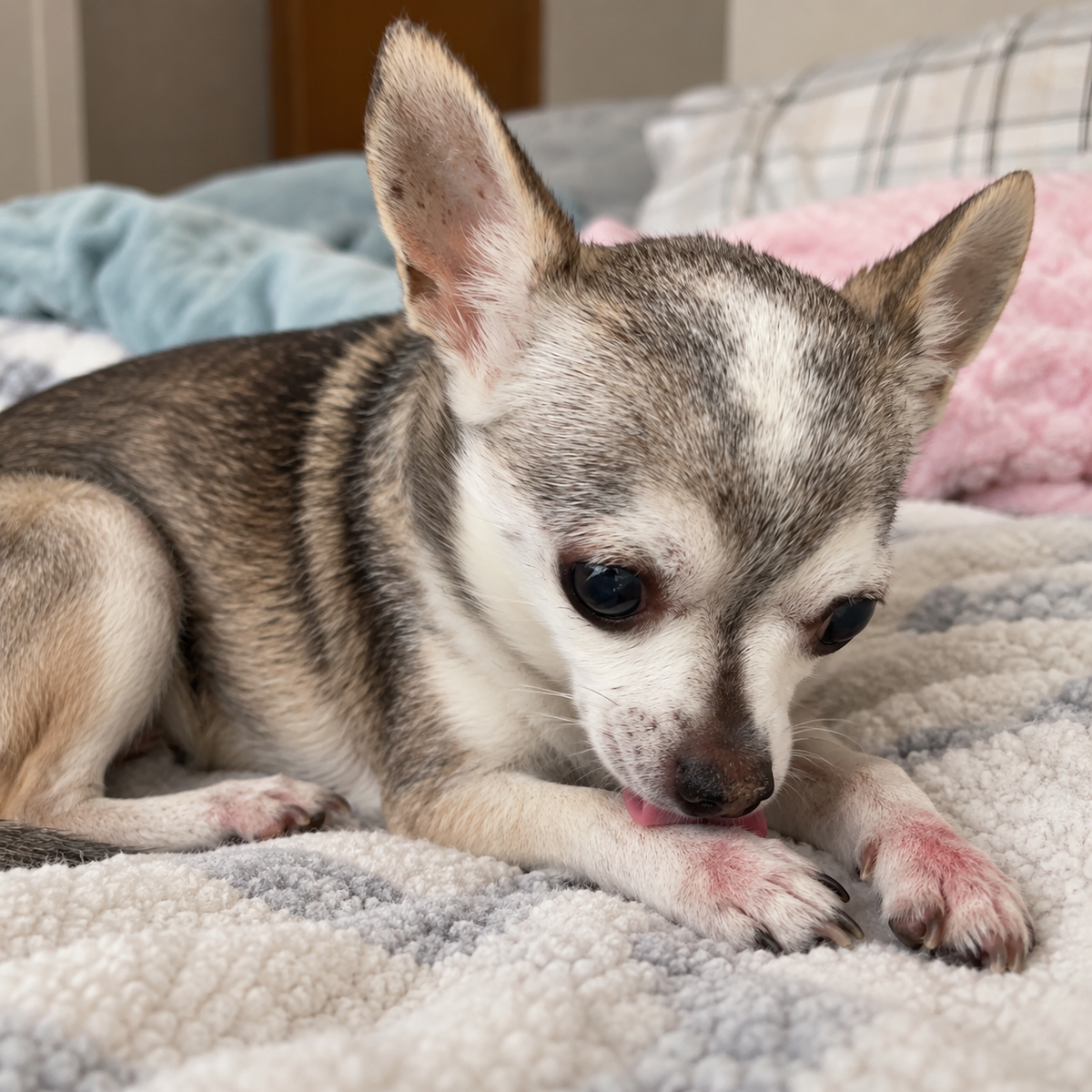Dog licking its paw
